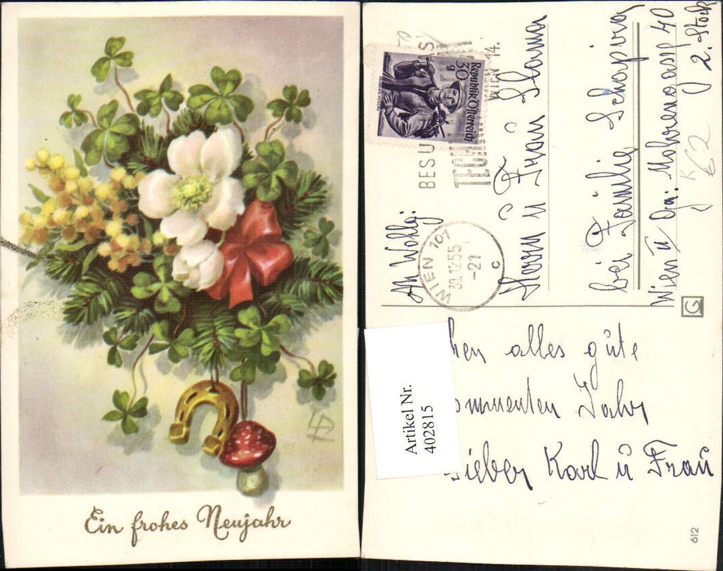 402815,Künstler AK Lia Döring Neujahr Tannenzweige Klee Goldbällchen Hufeisen Pilz