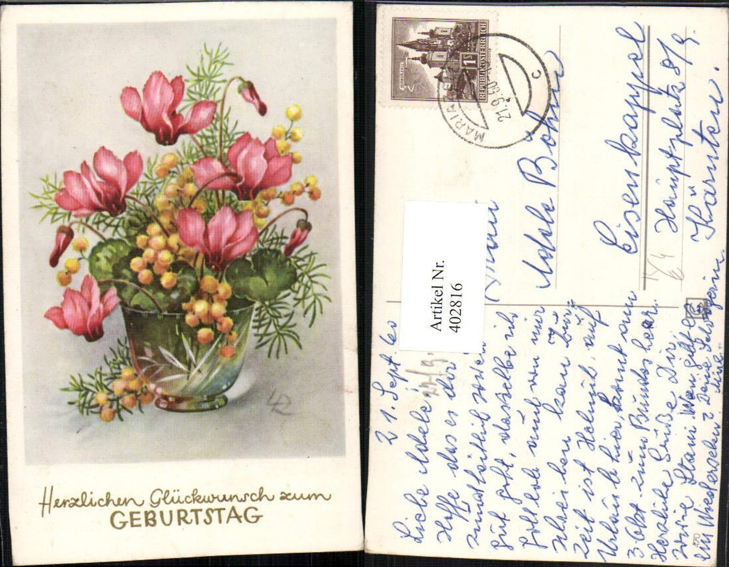 402816,Künstler AK Lia Döring Geburtstag Alpenveilchen Goldbällchen Vase