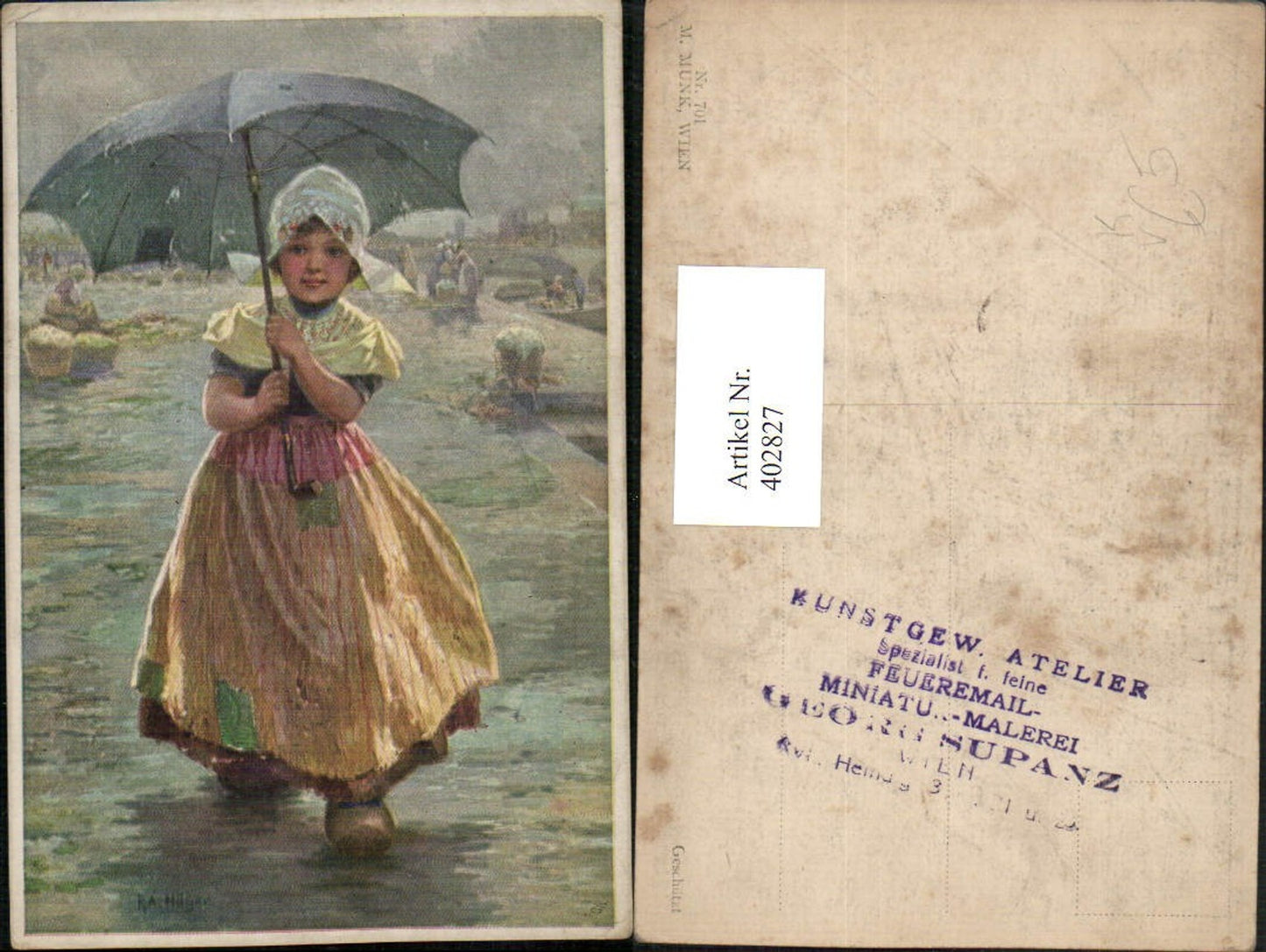402827,M. Munk Vienne 701 Künstler R. A. Höger Holländisches Mädchen Tracht Schirm