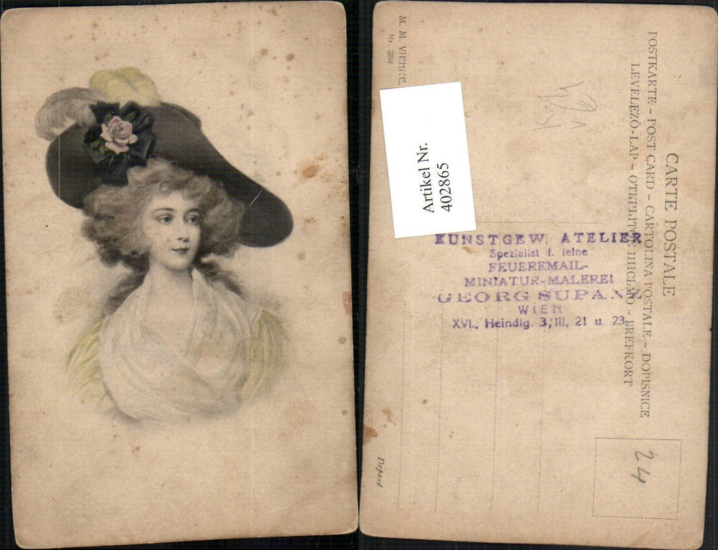402865,M. Munk Vienne 380 Künstlerkarte Frau m. Hut Hutmode Portrait