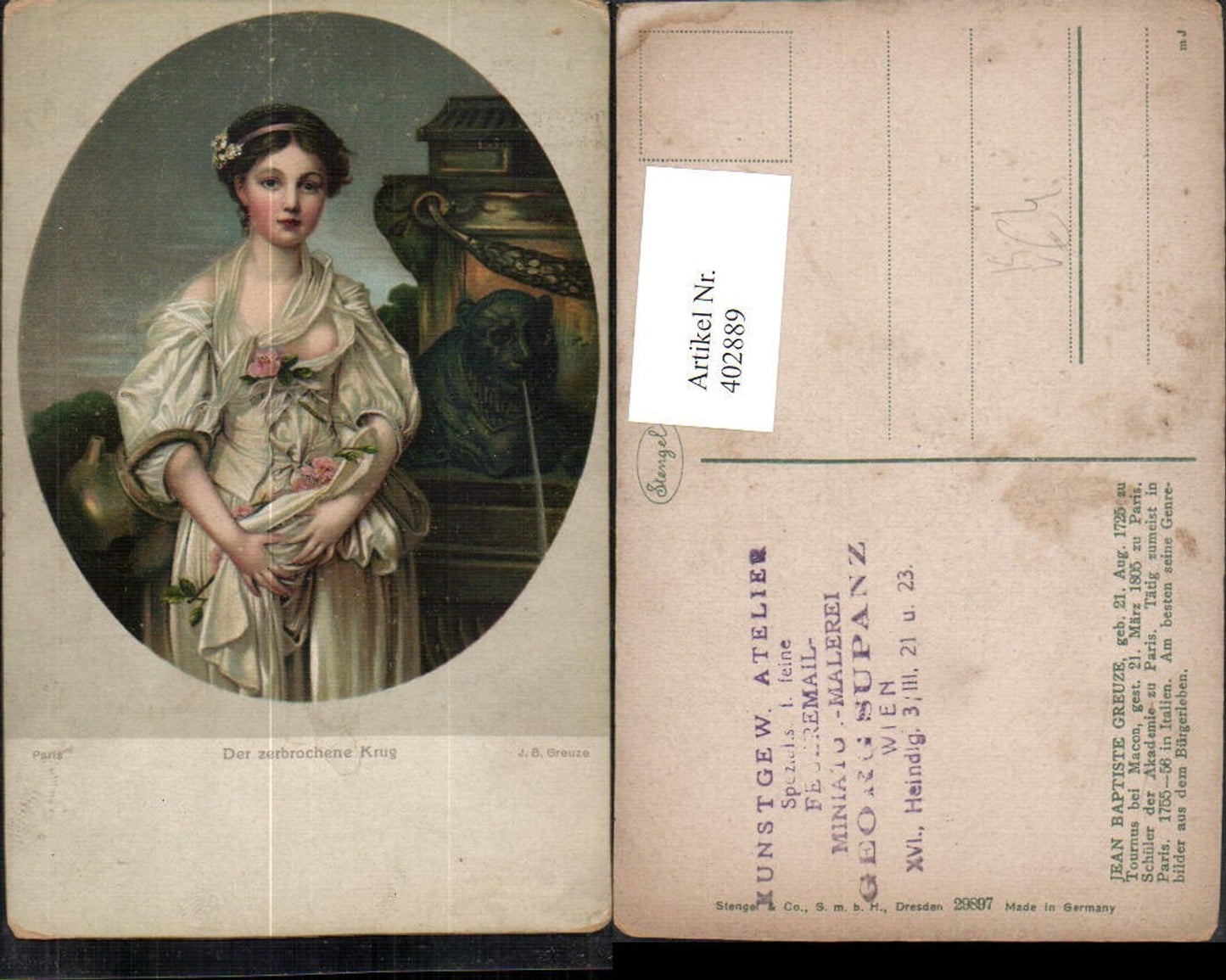 402889,Stengel Co 29897 Künstler Jean Baptiste Greuze Der zerbrochen Krug Frau m. Kleid