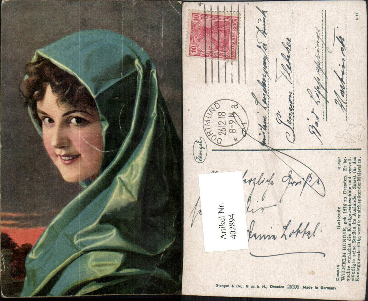 402894,Stengel Co 29298 Künstler Wilhelm Hunger Gertraude Frau m. Kopftuch Portrait