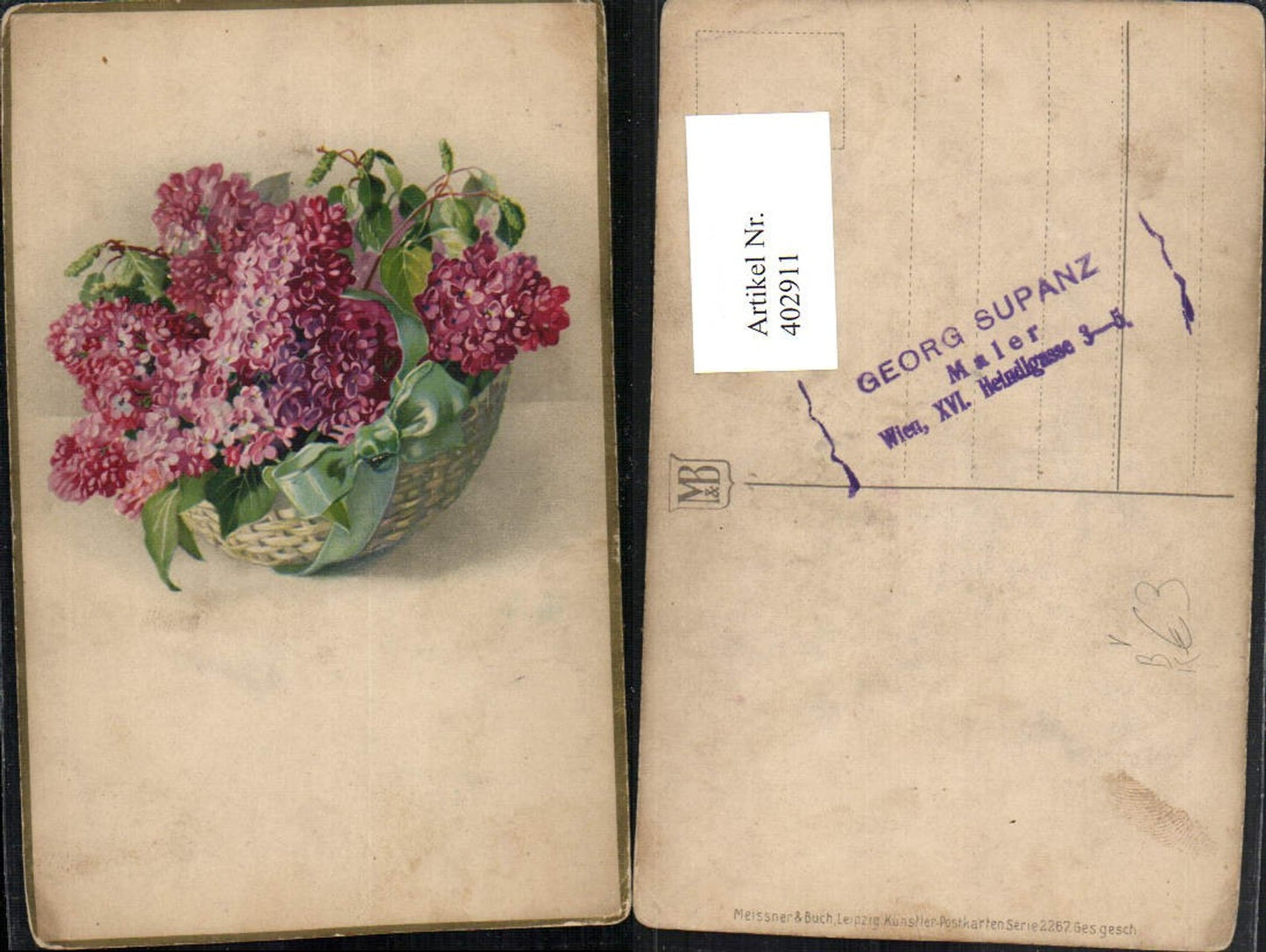 402911,Meissner & Buch 2267 Künstlerkarte Blumen Hortensien Korb