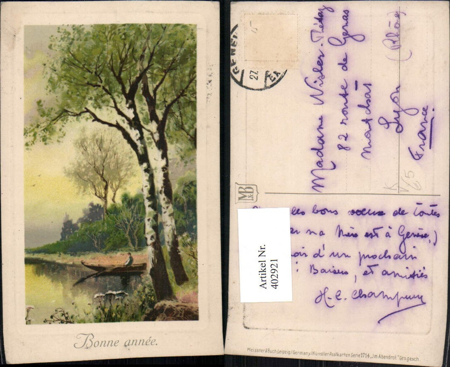 402921,Meissner & Buch 1714 Künstlerkarte Im Abendrot Landschaft Ruderboot Birken