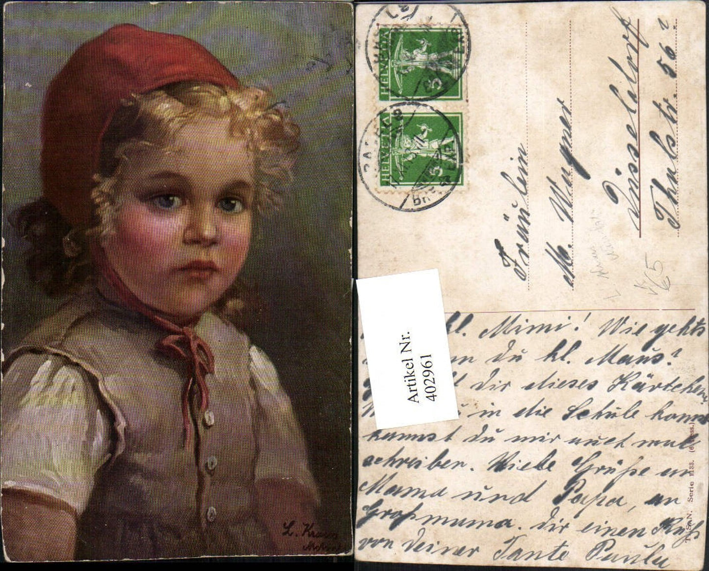 402961,Theo Stroefer 1133 Künstler L. Kraus Kind Mädchen m. Haube Portrait