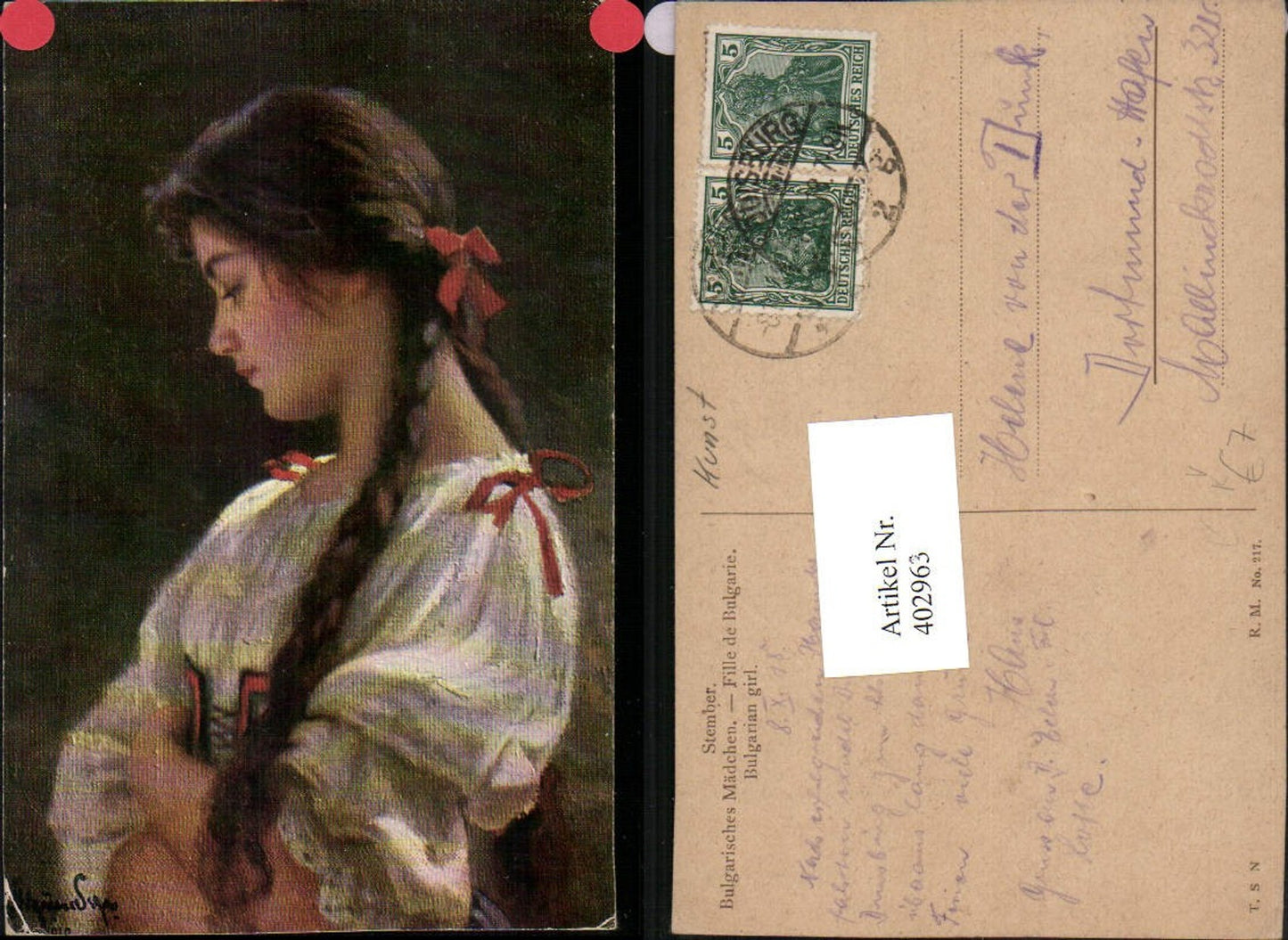 402963,Theo Stroefer 217 Künstler Stemberg Bulgarisches Mädchen Zöpfe Portrait