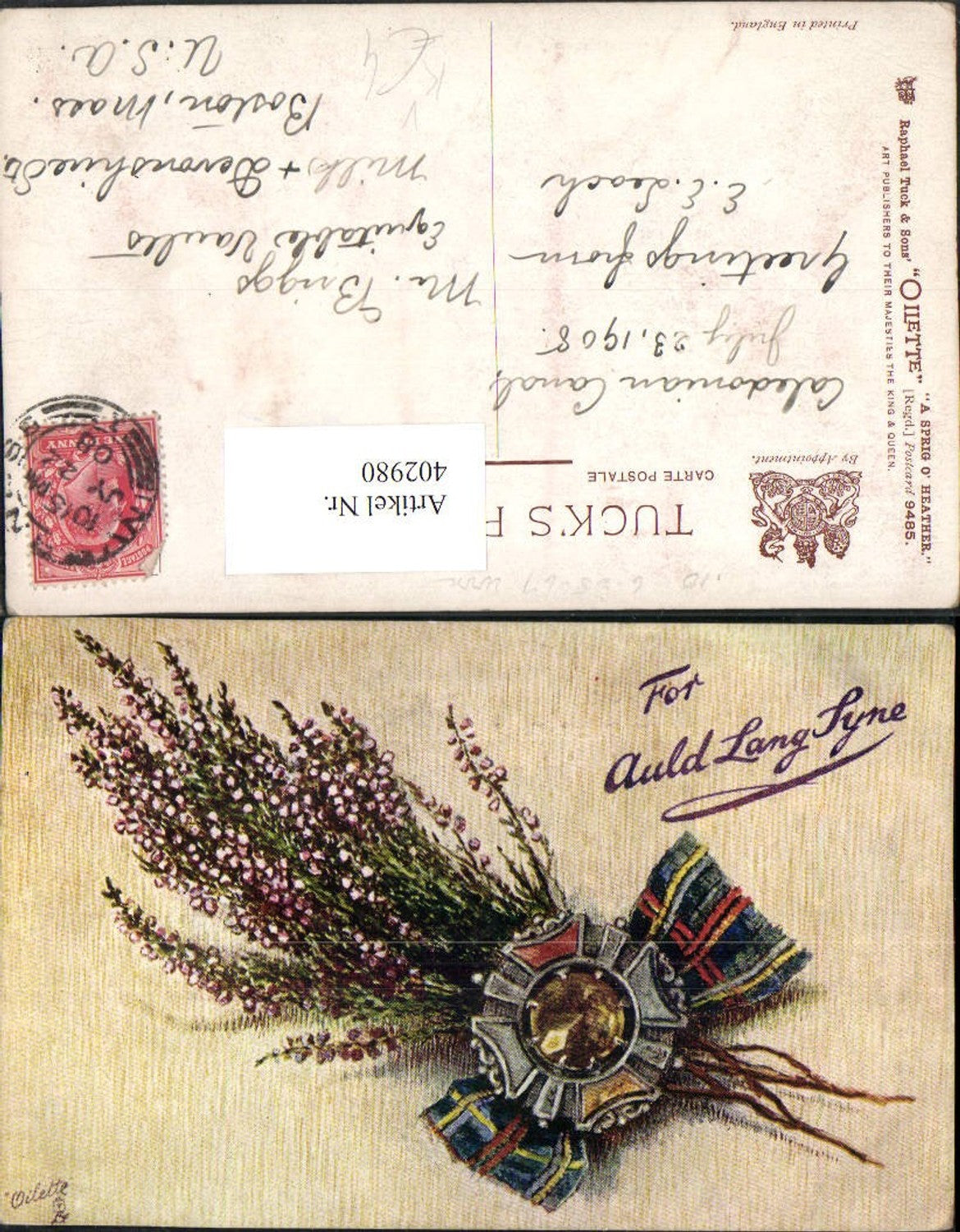 402980,Raphael Tuck & Sons 9485 Künstlerkarte Sprig of Heather Blumen
