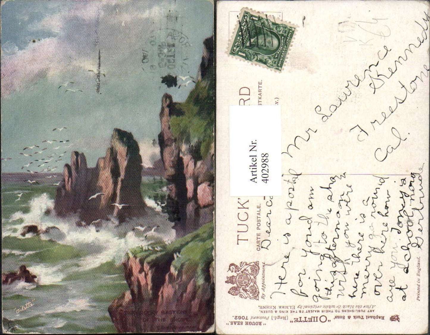 402988,Raphael Tuck & Sons 7062 Künstler Elmer Keene Rough Seas Küste Felsen