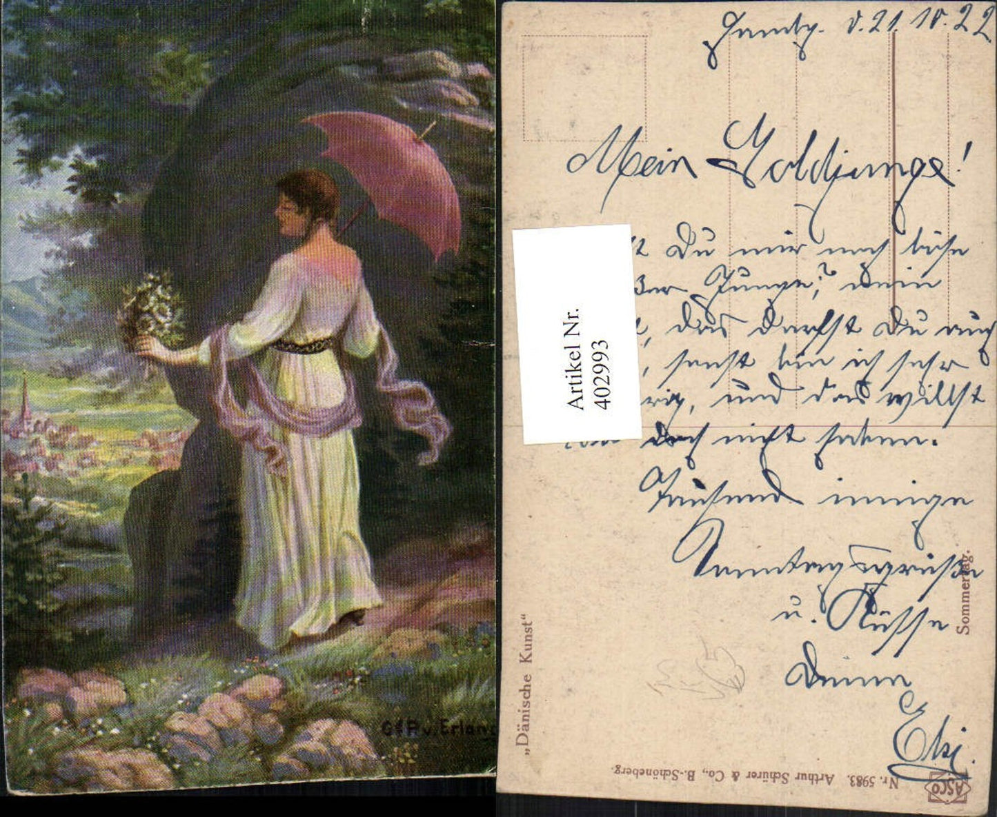 402993,Asco AK 5983 Künstler Gd. P. v. Erlang Sommertag Frau m. Kleid Schirm