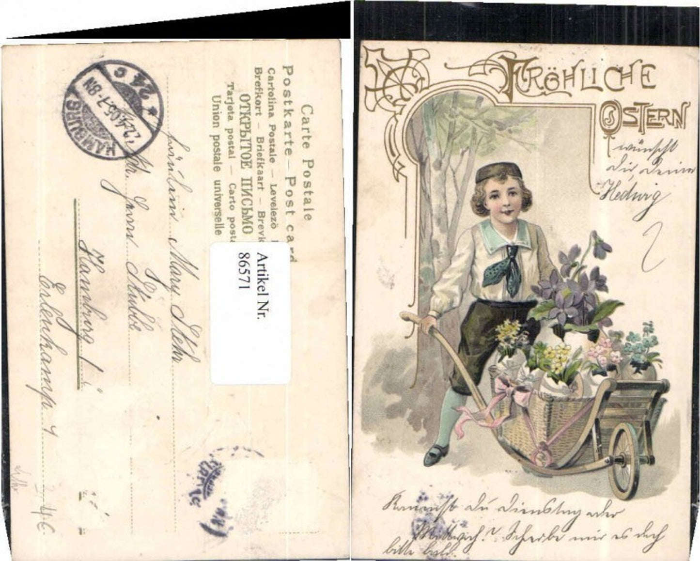 86571,Tolle Litho Ostern Junge Karren Ostereier Blumen