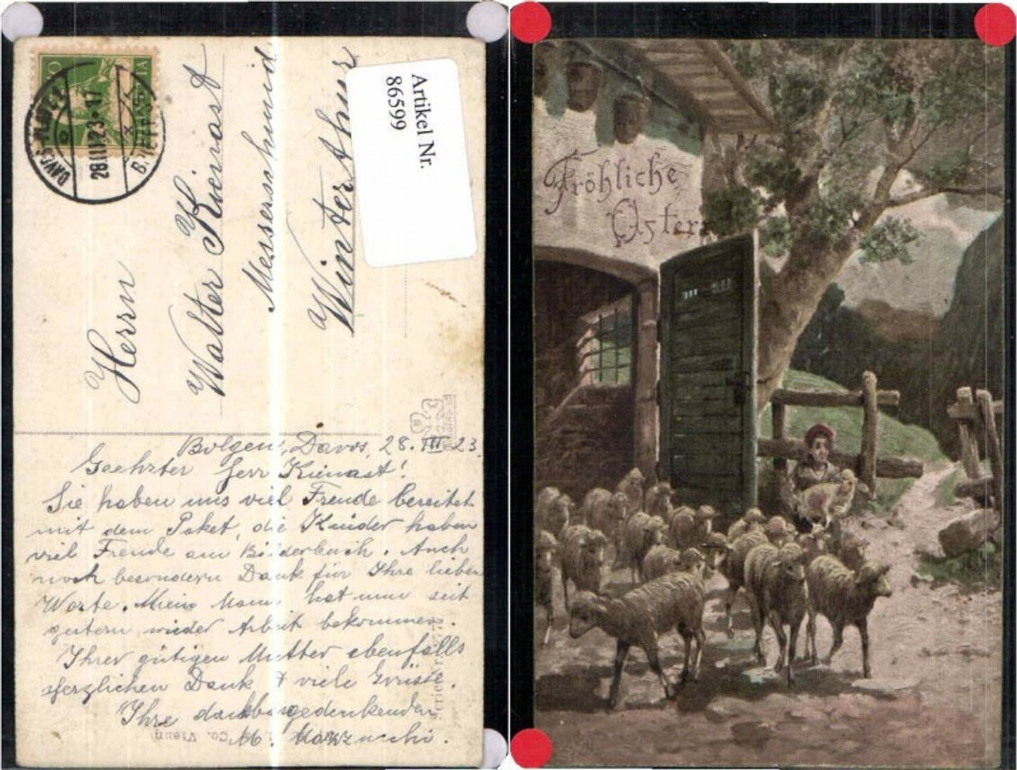 86599,Ostern Schafe Hirte vor Stall 1923