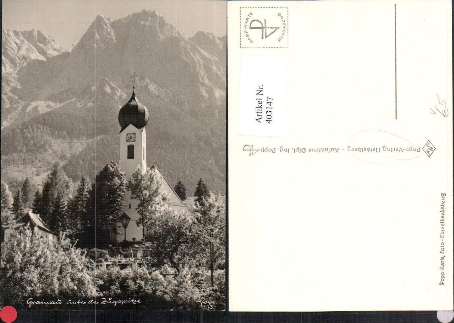403147,Popp Verlag 1473 Grainau unter der Zugspitze Kirche Bergkulisse