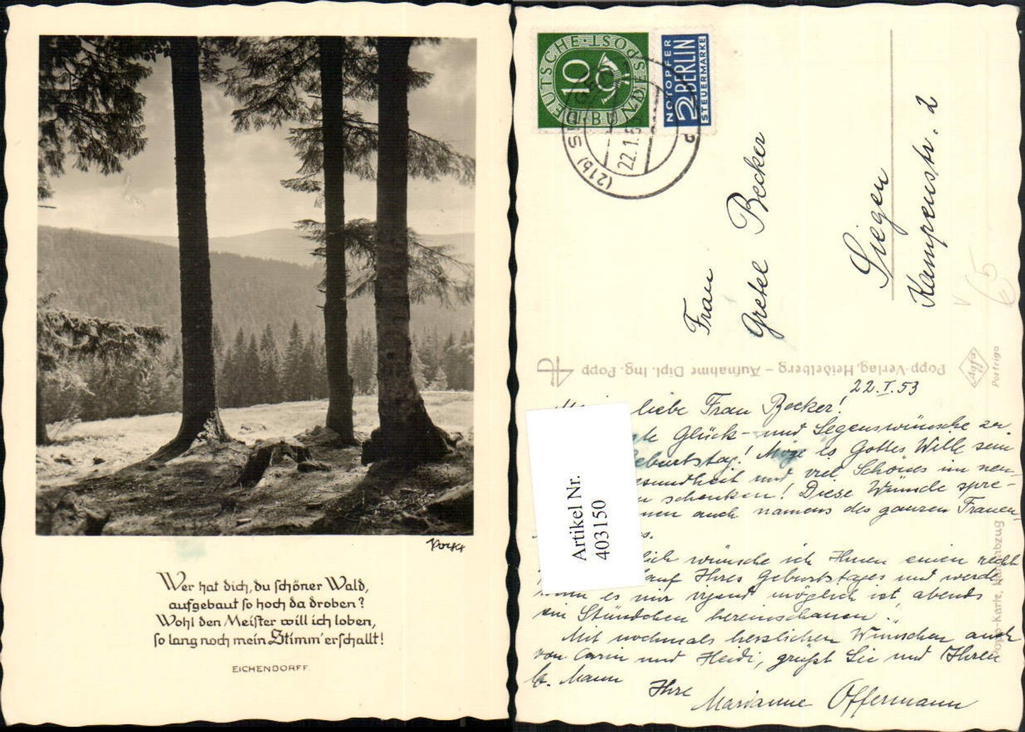 403150, Popp Verlag Landscape Forest Trees Saying Text