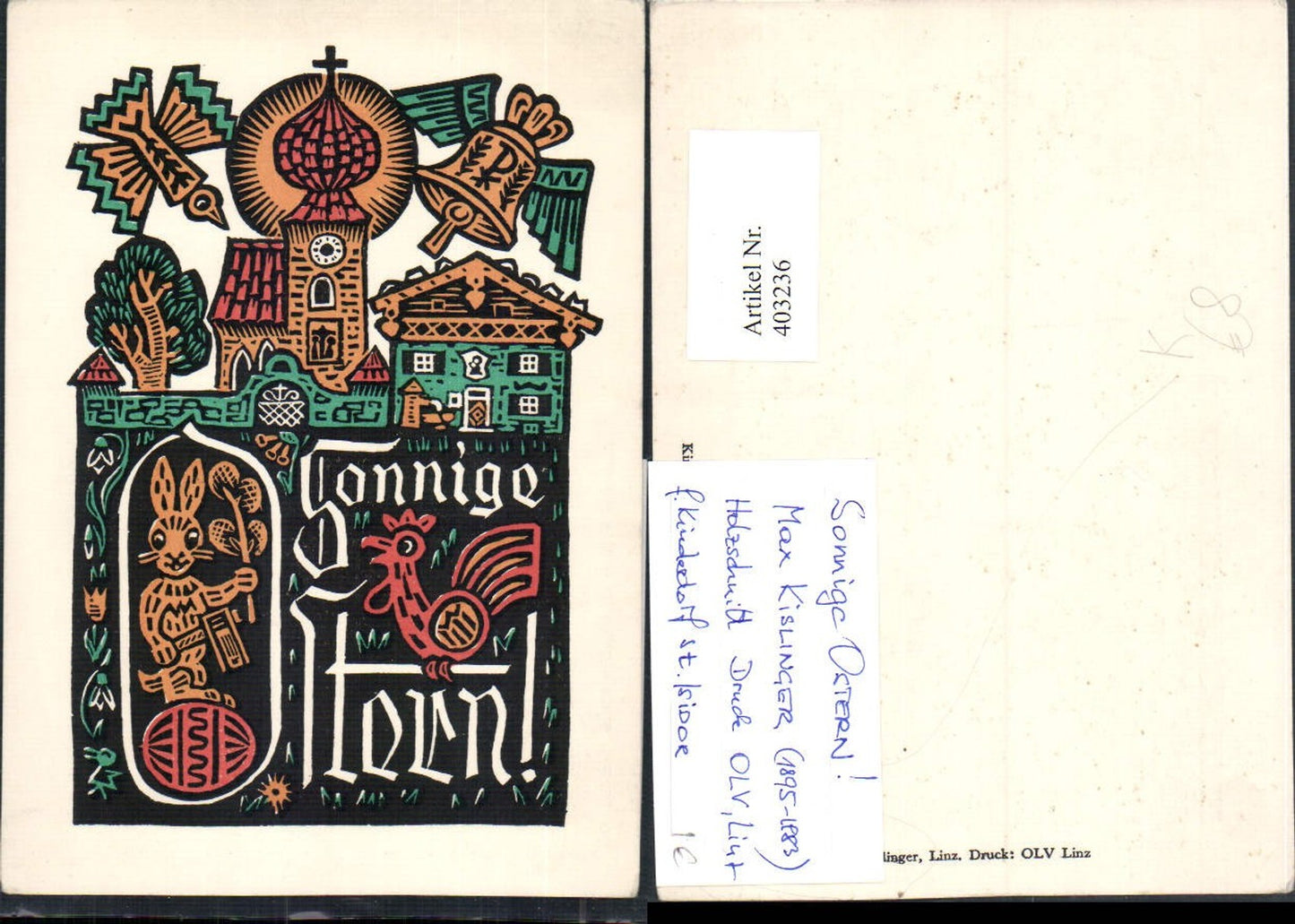 403236,Künstler AK Max Kislinger Holzschnitt Ostern Kirche Glocke Vogel Osterhase Huhn