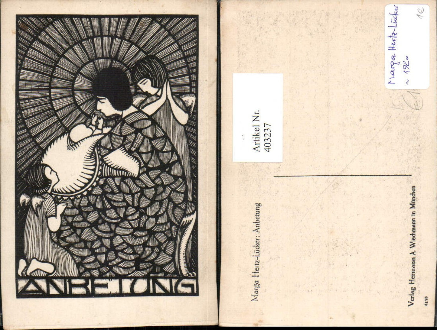403237,Künstler AK Marga Hertz-Lücker Anbetung Maria m. Jesuskind Engeln