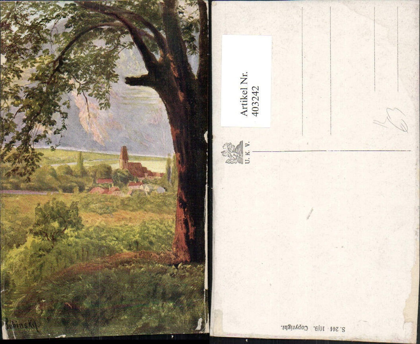 403242,Künstler AK Subinski Landschaft Dorf Kirche