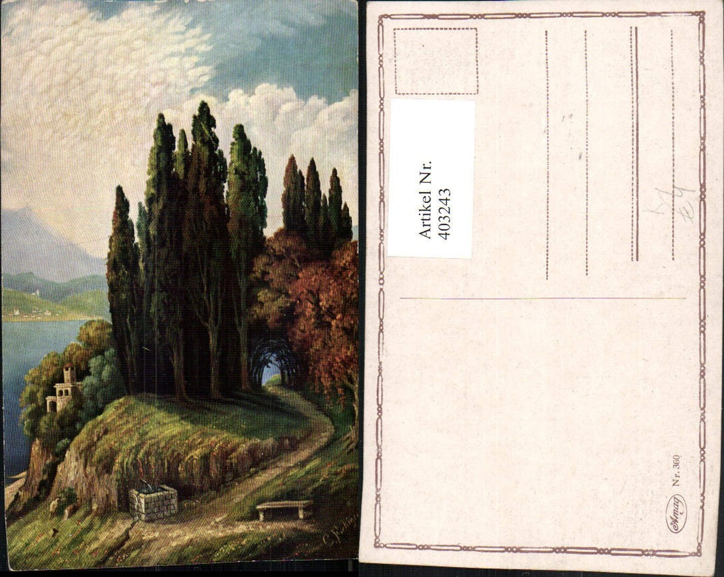 403243,Künstler AK G Fiebiger Landschaft Zypressen
