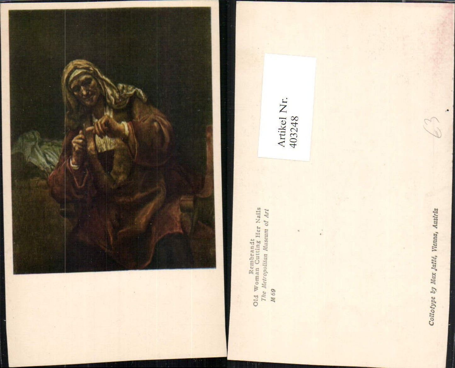 403248, Artist AK Rembrandt Old Woman cutting her nails Woman cutting her nails