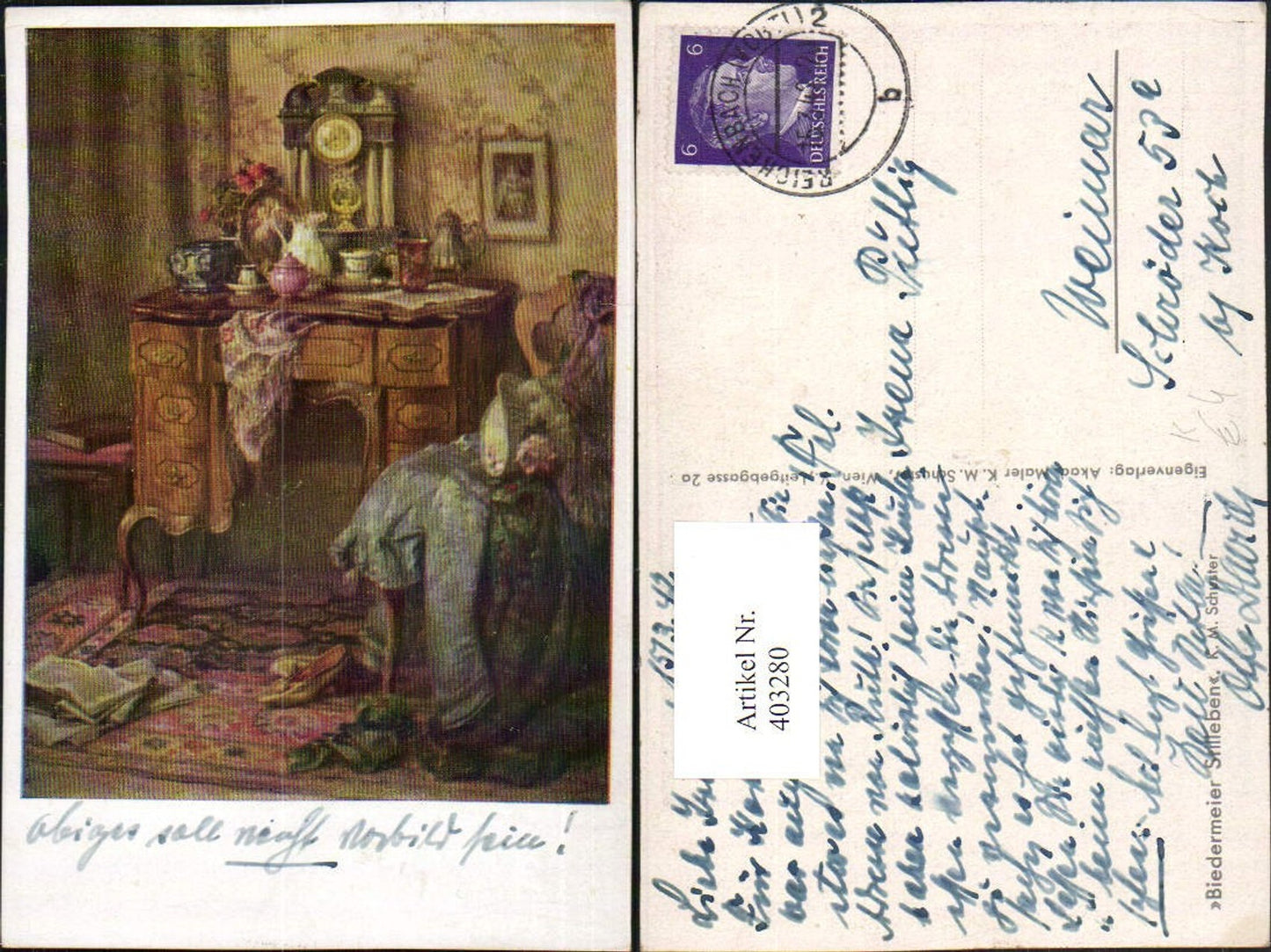 403280,Künstler AK K. M. Schuster Biedermeier Stillleben Kommode Kleidung