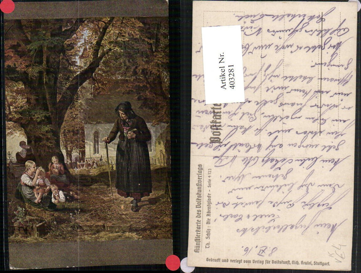 403281,Künstler AK Th. Schütz Abendglocke Kirche Kinder Frau m. Stock pub Volkskunstverlag 4/122