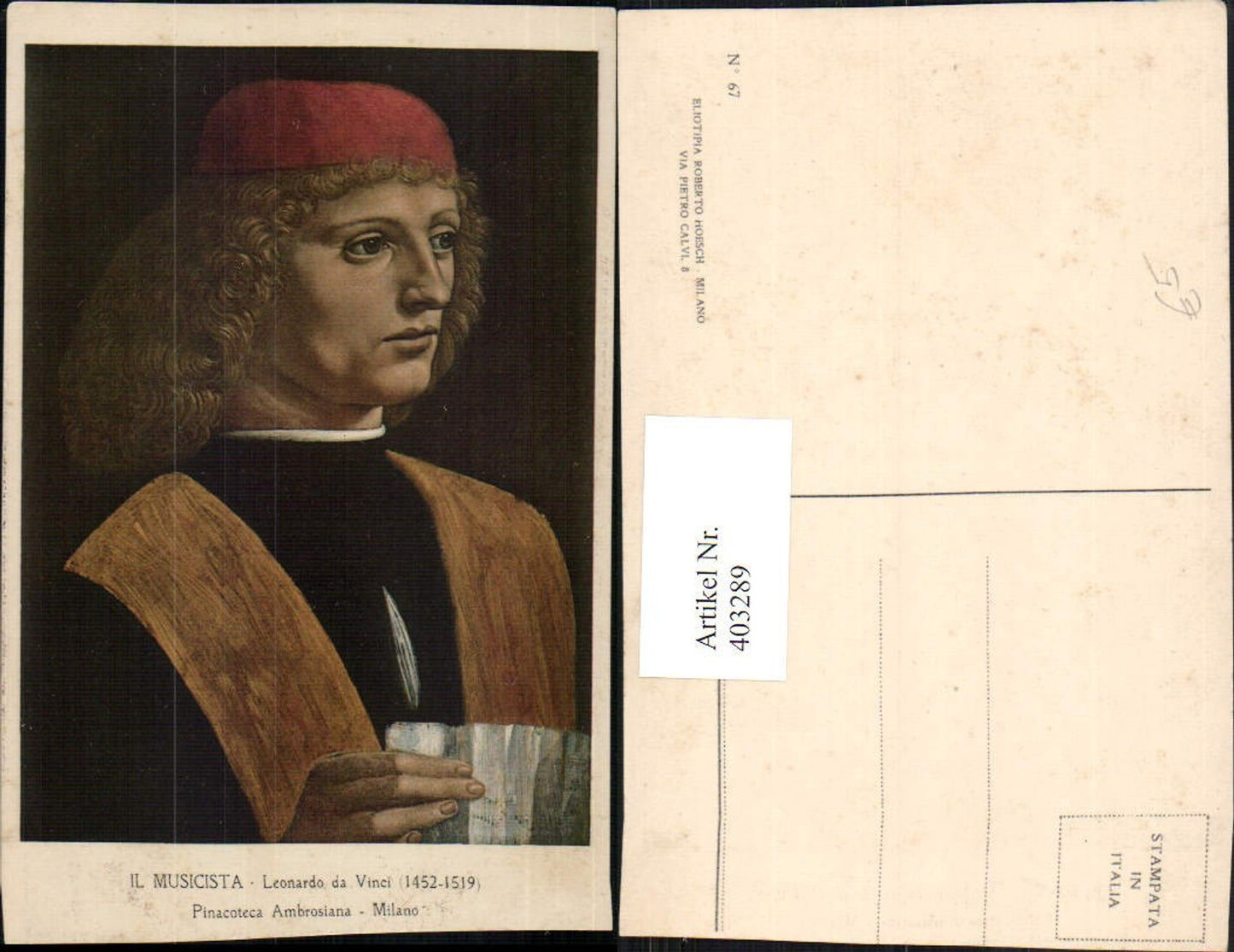 403289,Künstler AK Leonardo da Vinci Il Musicista Mann mm. Mütze Portrait