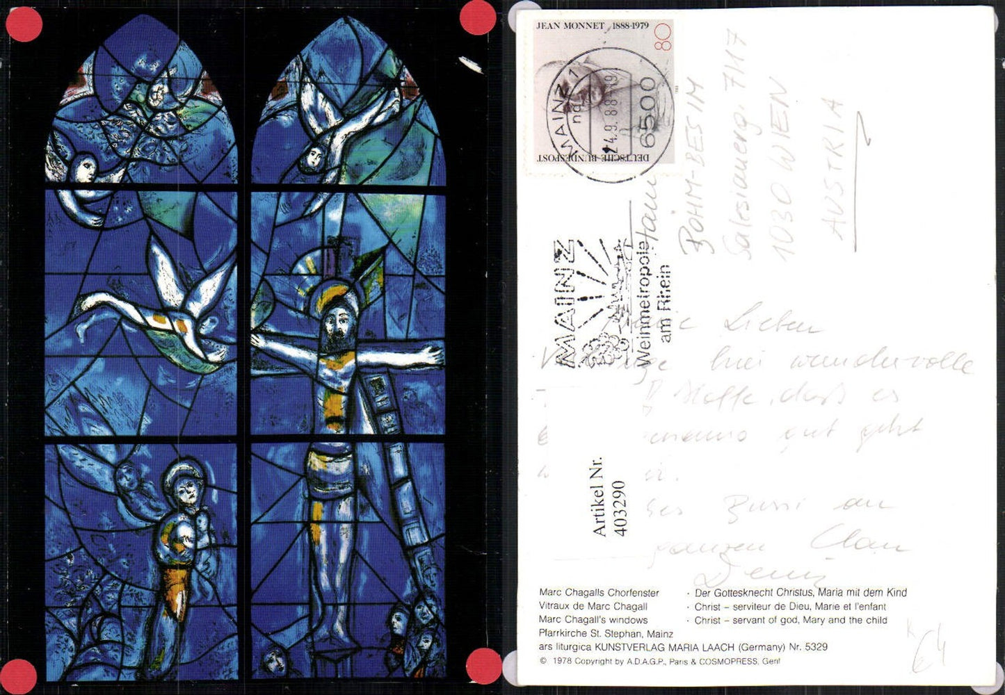 403290,Künstler AK Marc Chagalls Chorfenster Gottesknecht Christus Maria mit dem Kind