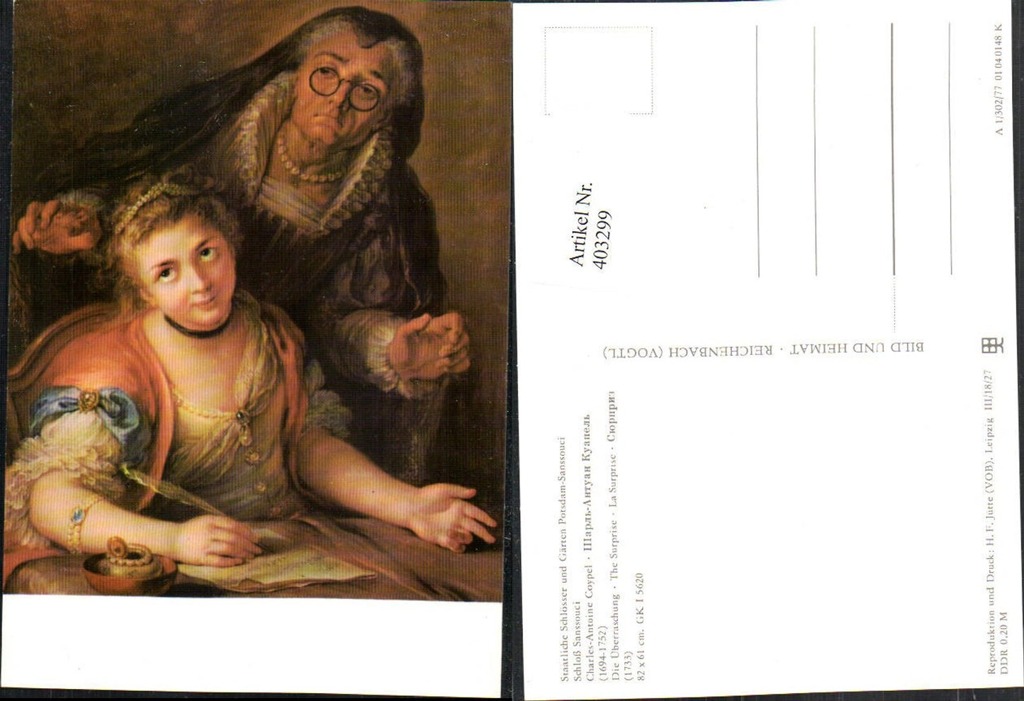 403299,Künstler AK Charles-Antoine Coypel Überraschung Frau b. Schreiben Feder pub VEB