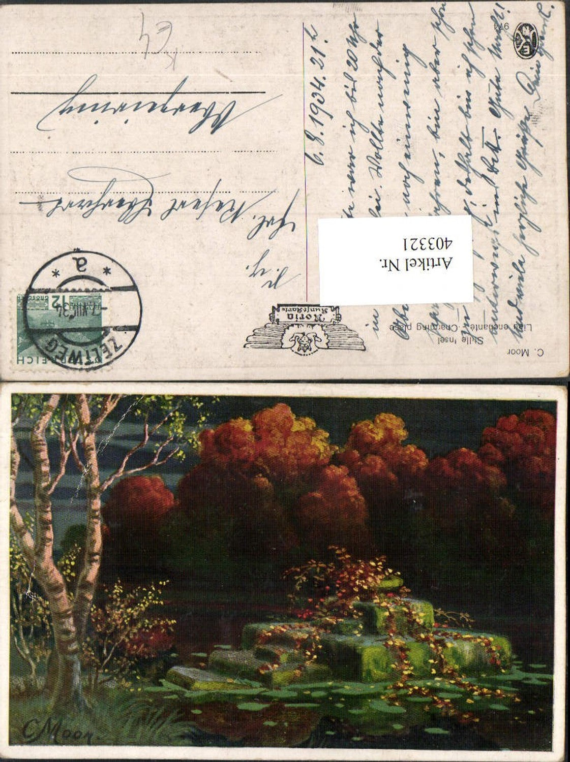 403321,Künstler AK C. Moor Stille Insel Bäume Birken