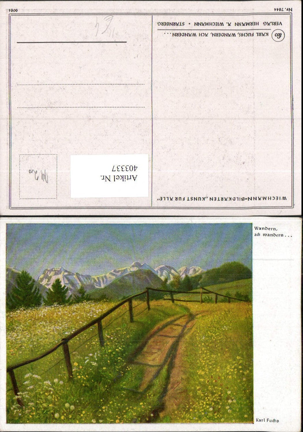 403337,Künstler AK Karl Fuchs Wandern ach wandern Landschaft Wegpartie Bergkulisse