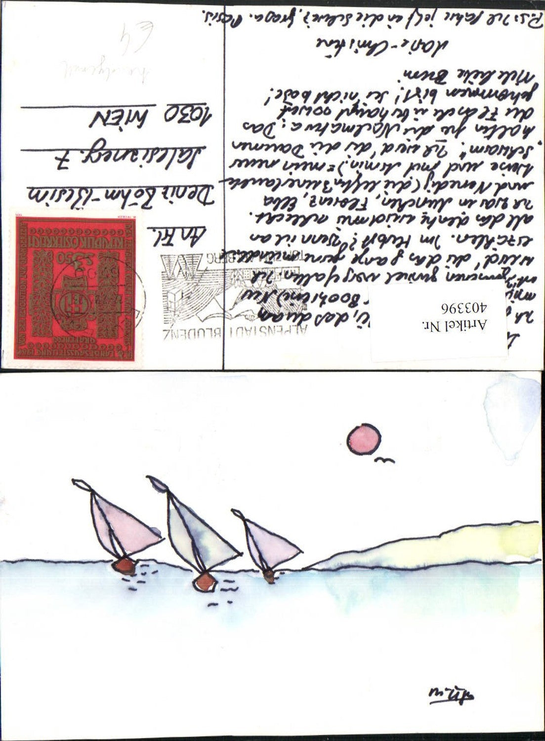 403396,Künstler AK Handgemalt See Segelboote Boote Sonne