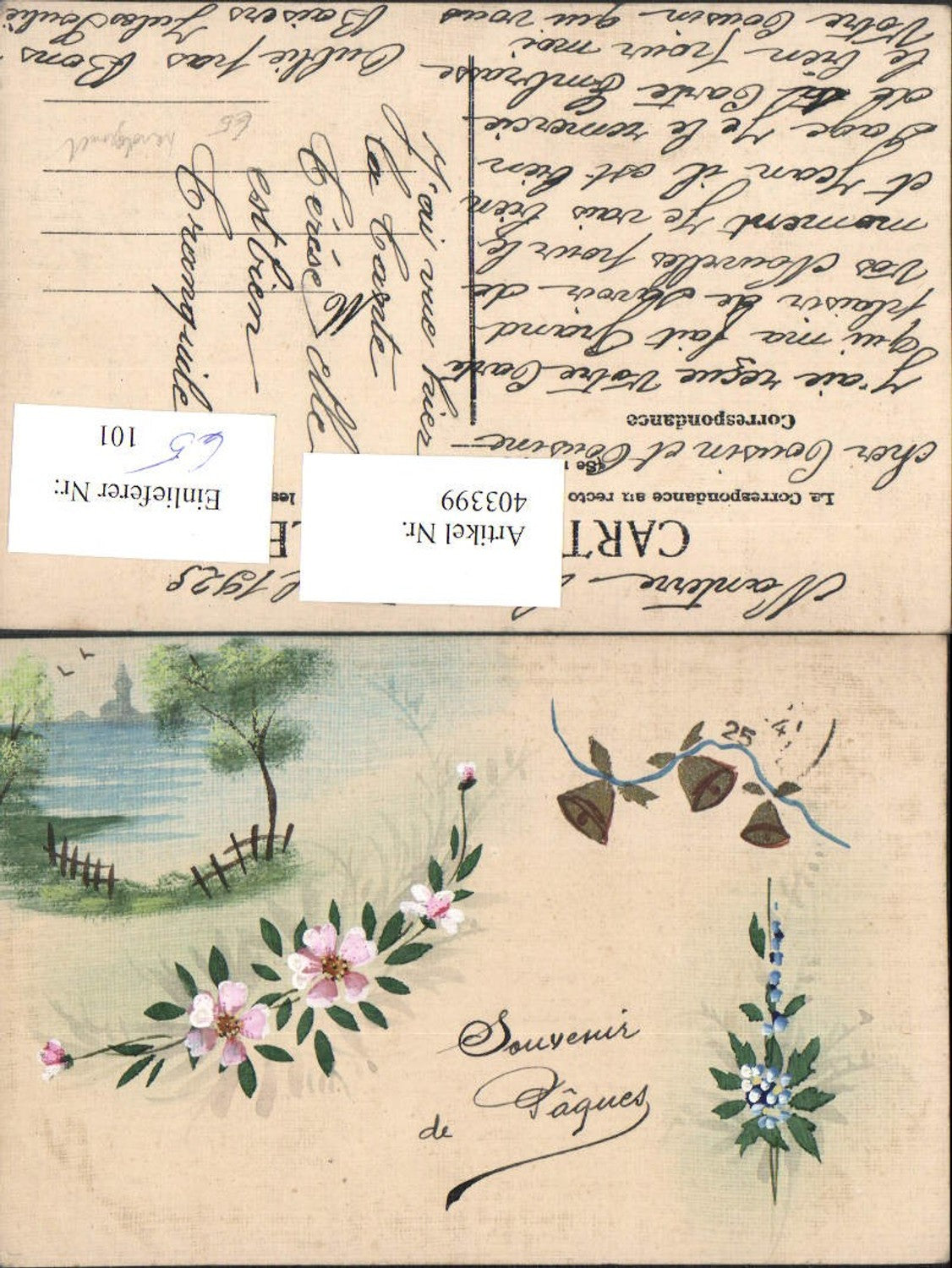 403399,Künstler AK Handgemalt Landschaft See Blumen Glocken