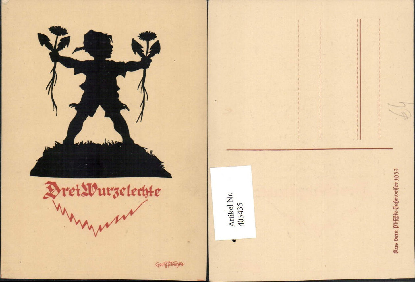 403435,Künstler AK Scherenschnitt Silhouette Georg Plischke Drei Wurzelechte Junge Bub