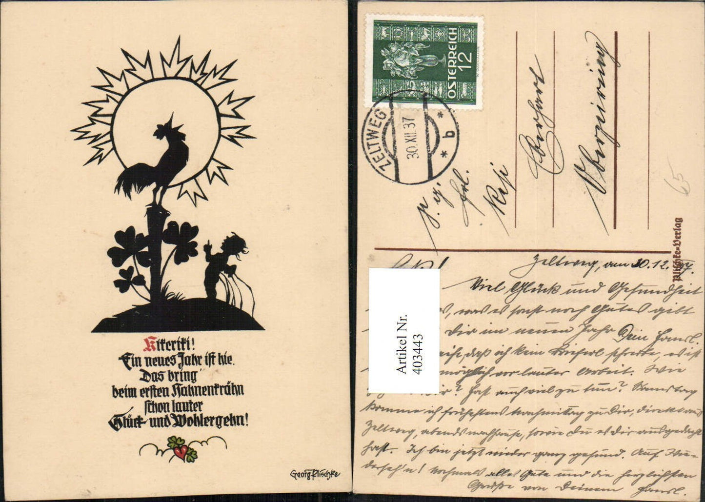 403443,Künstler AK Scherenschnitt Silhouette Georg Plischke Engel Hahn Sonne Klee Spruch