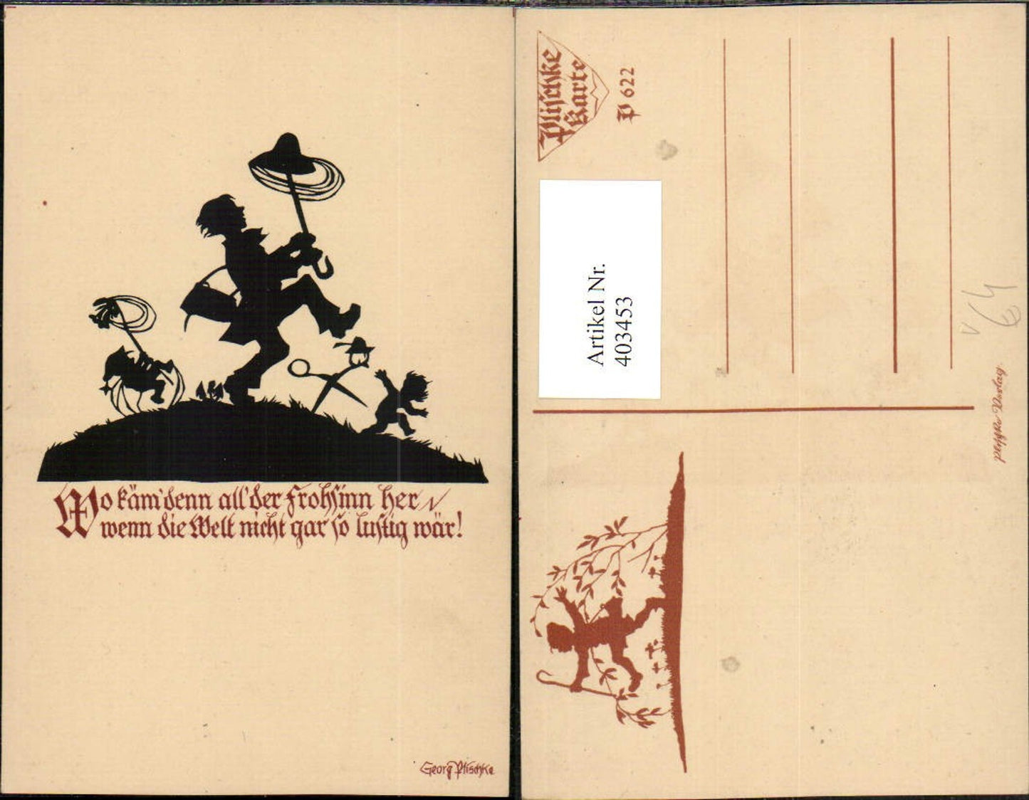 403453,Künstler AK Scherenschnitt Silhouette Georg Plischke 622 Mann m. Stock Hut Schere