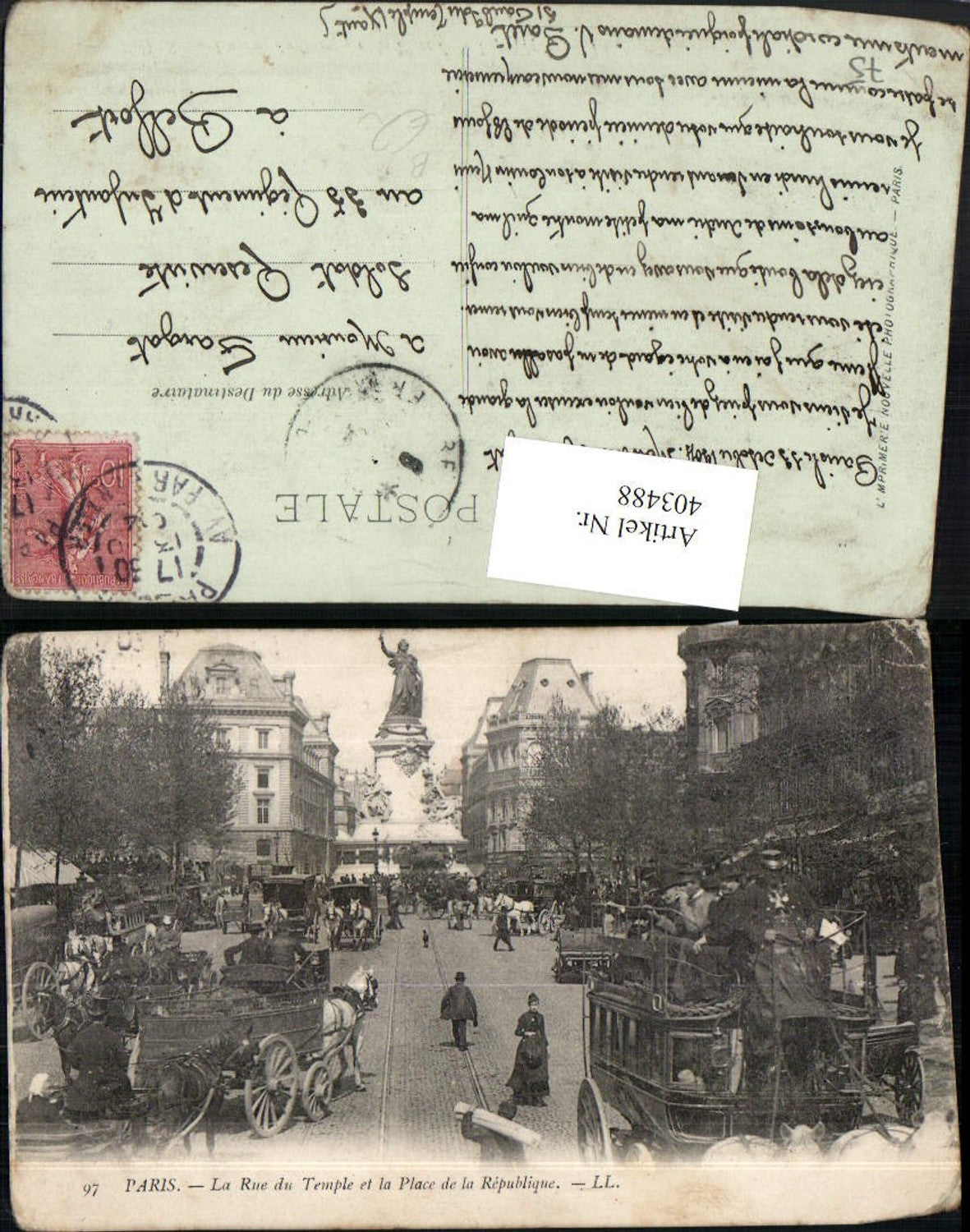 403488,Ile-de-France Paris Rue du Temple and la Place de la Republique Carriage Monument