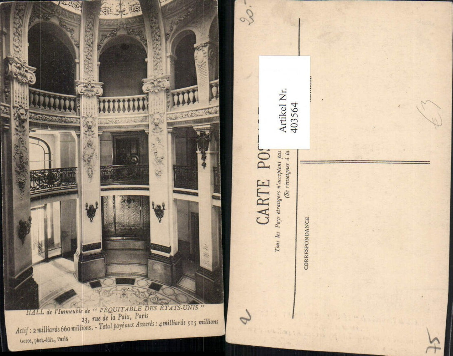 403564,Ile-de-France Paris Hall de l'Immeuble de Pequitable des Etats-Unis Innenansicht