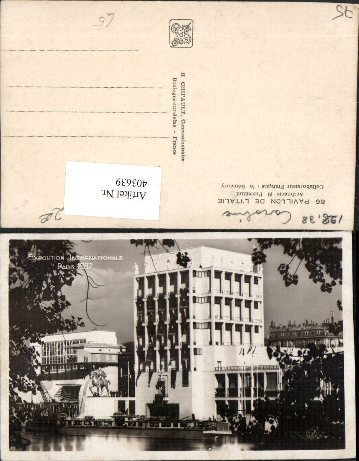 403639,Ile-de-France Paris Exposition Internationale 1937 Pavillon de Italie
