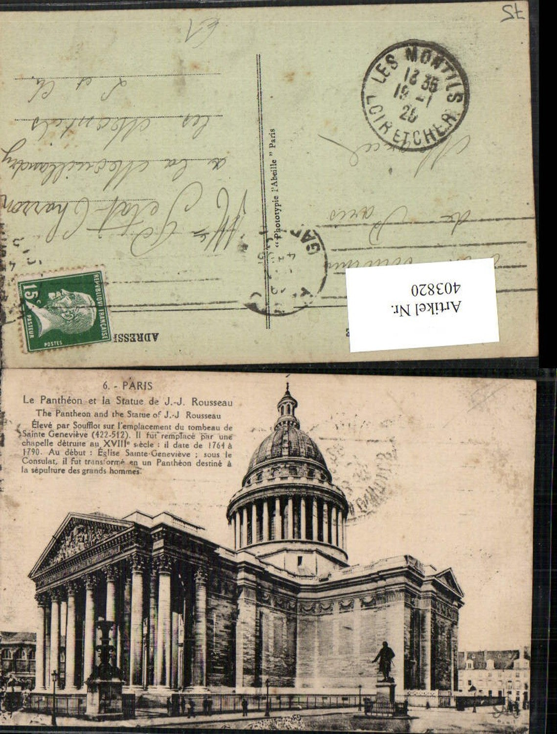 403820,Ile-de-France Paris Le Pantheon and the Statue of J.-J. Rousseau building