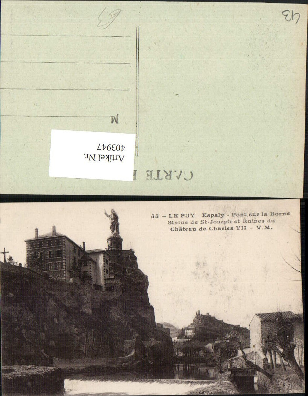 403947,Auvergne Haute-Loire Le Puy Espaly Pont sur la Borne Statue St-Joseph and Ruines du Chateau