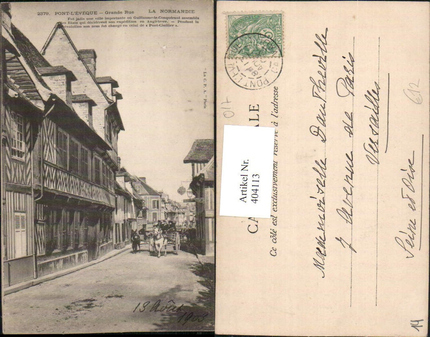 404113,Basse-Normandie Calvados Pont-l'Eveque Grande Rue Straßenansicht Kutsche
