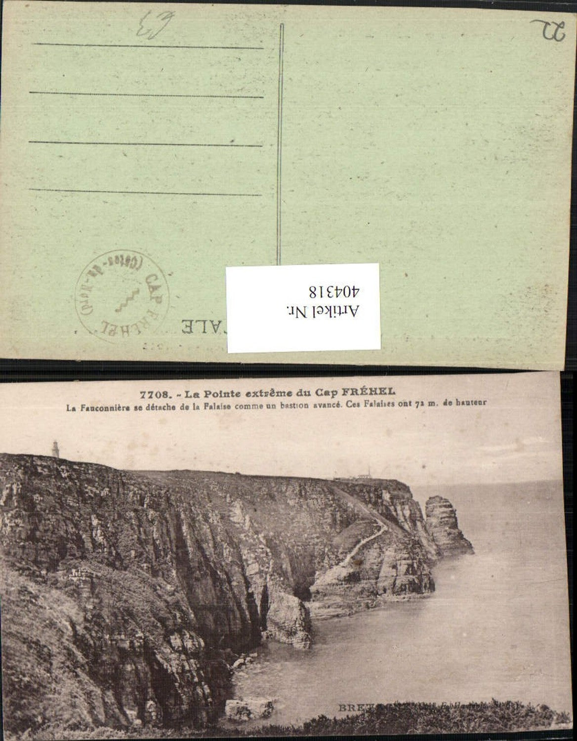 404318,Bretagne Cote-Amor Cap Frehel La Fauconniere se detache de la Falaise Steilküste Klippe
