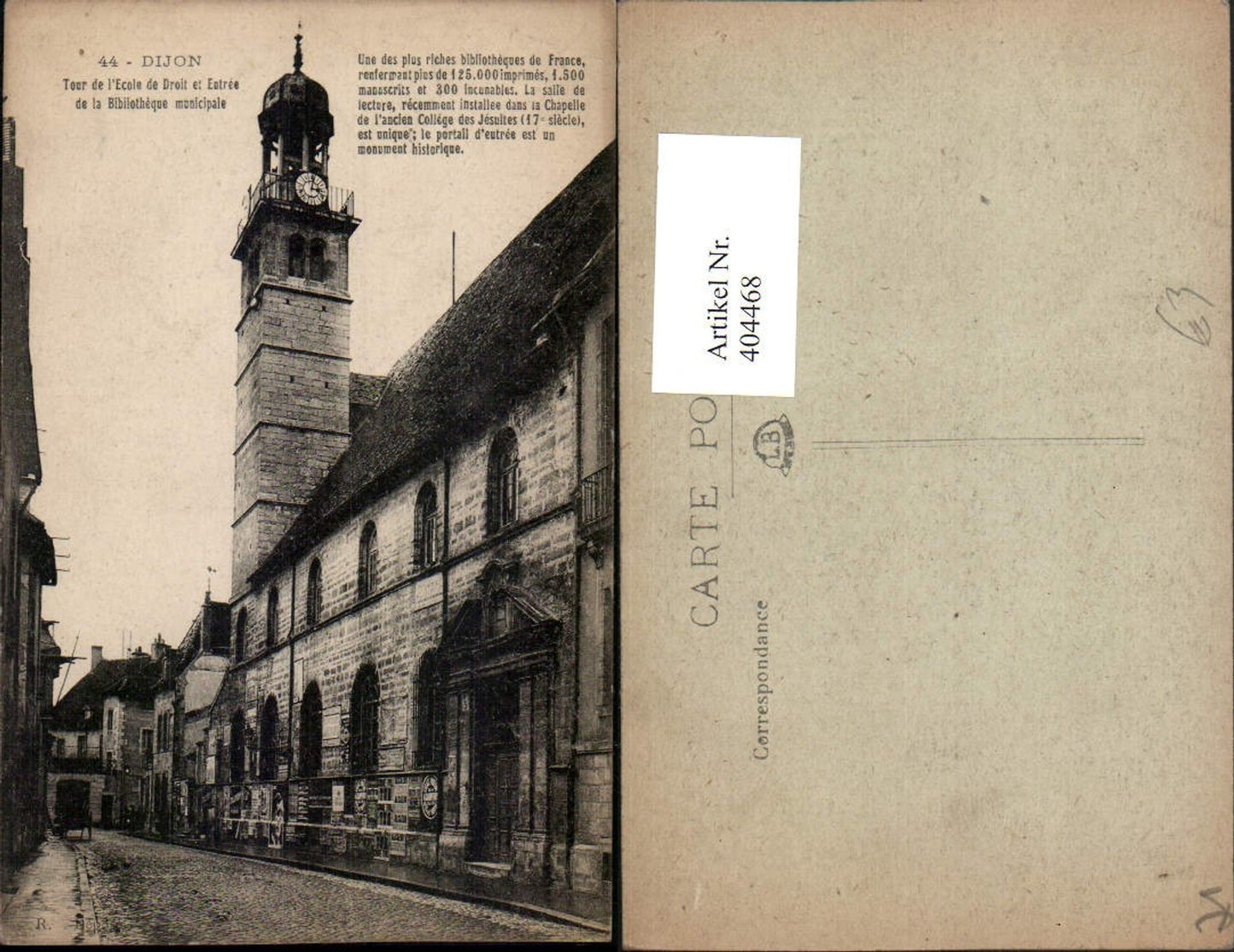 404468,Burgund Cote-Or Dijon Tour de l'Ecole de Droit et Entree de la Bibliotheque municipale