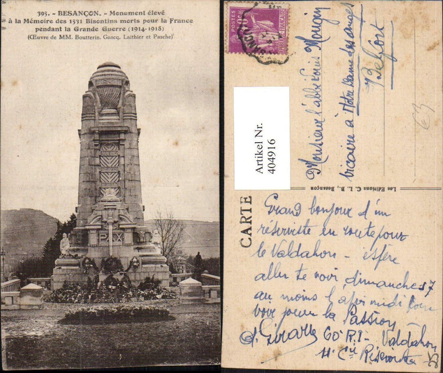 404916,Franche-Comte Doubs Besancon Monument eleve a la Memoire des 1531 Guerre