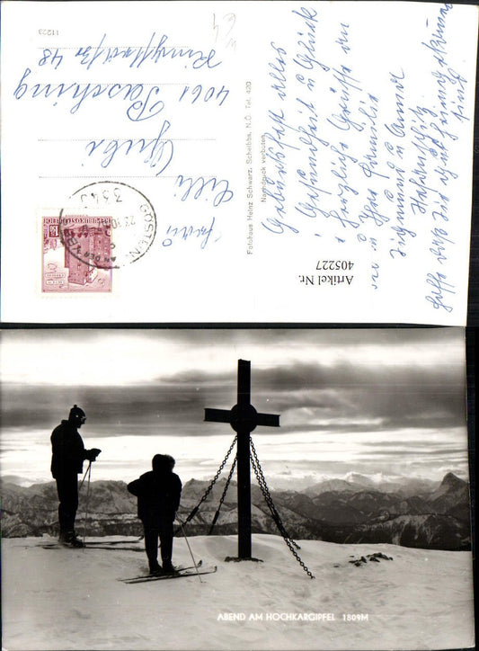 405227,Abend am Hochkargipfel b. Göstling Bergkulisse Winterbild Kreuz Skifahrer