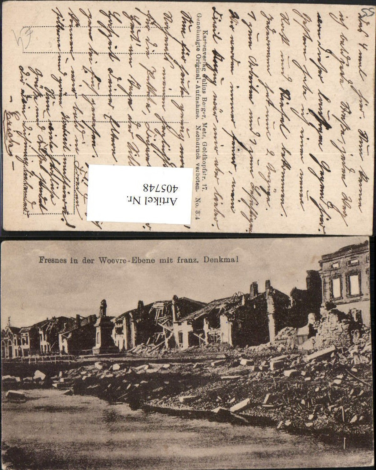 405748,Lothringen Meuse Fresnes in d. Woevre-Ebene Denkmal zerstörte Häuser