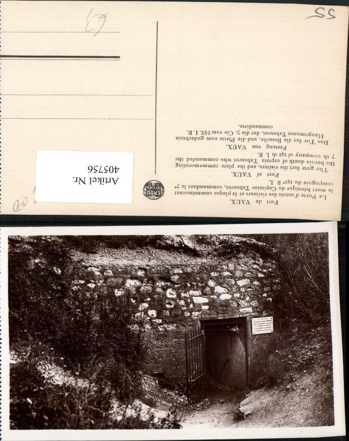 405756,Lothringen Meuse Verdun Fort de Vaux La Porte et la plaque Capitaine Tabourot Tür