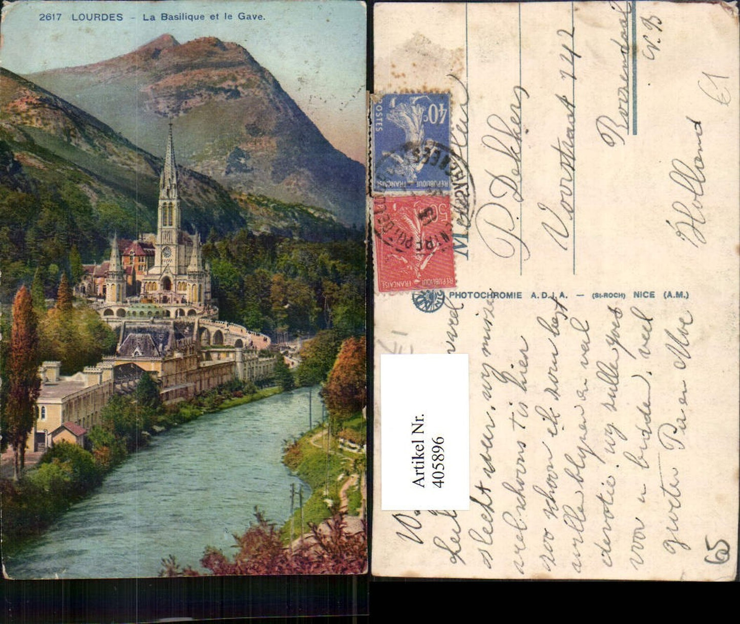 405896,Midi-Pyrenees Hautes-Pyrenees Lourdes La Basilique et le Gave Kirche Bergkulisse