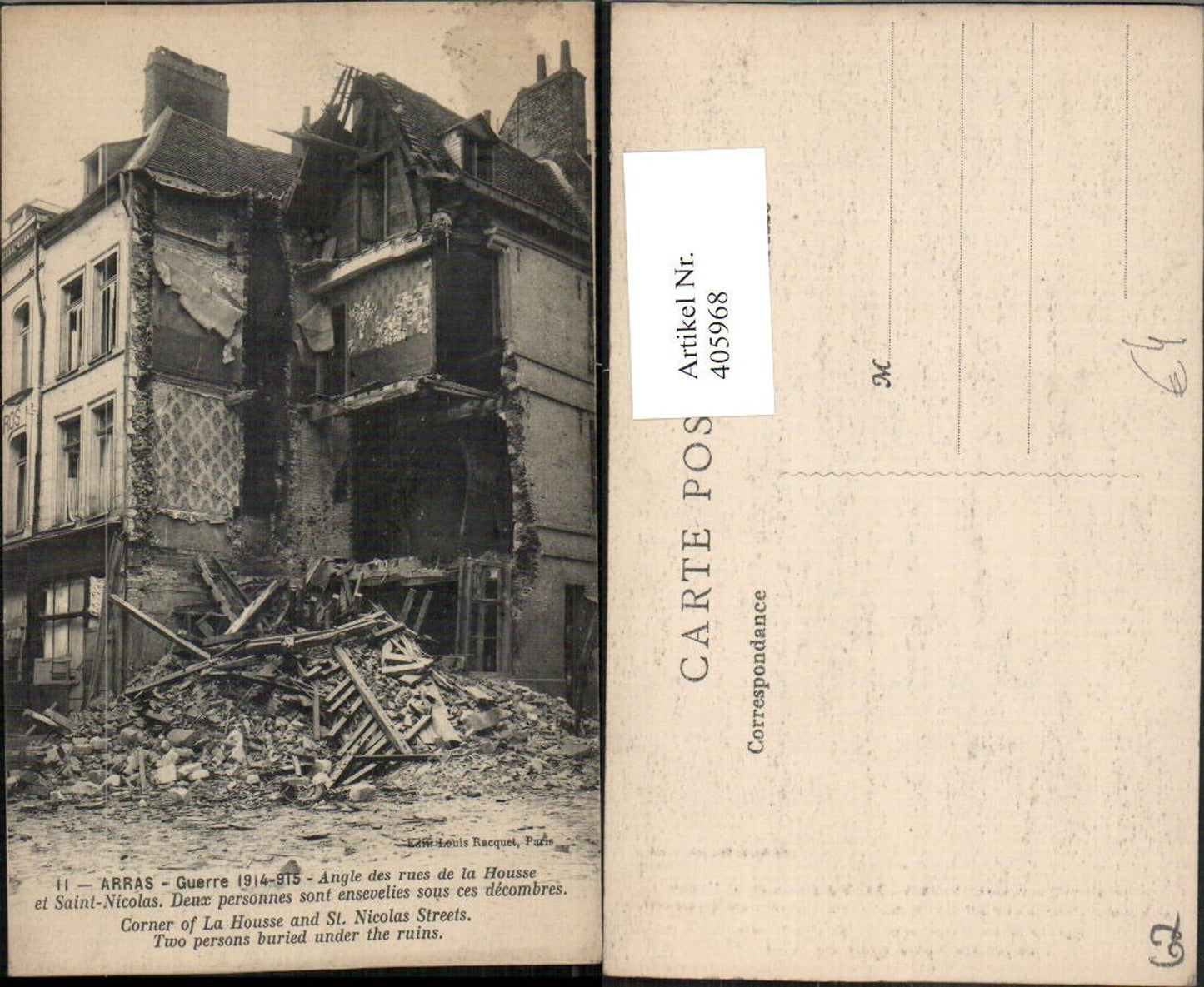 405968,Nord-Pas-de-Calais Pas-de-Calais Arras Guerre Angle des rues de la Housse et Saint-Nicolas