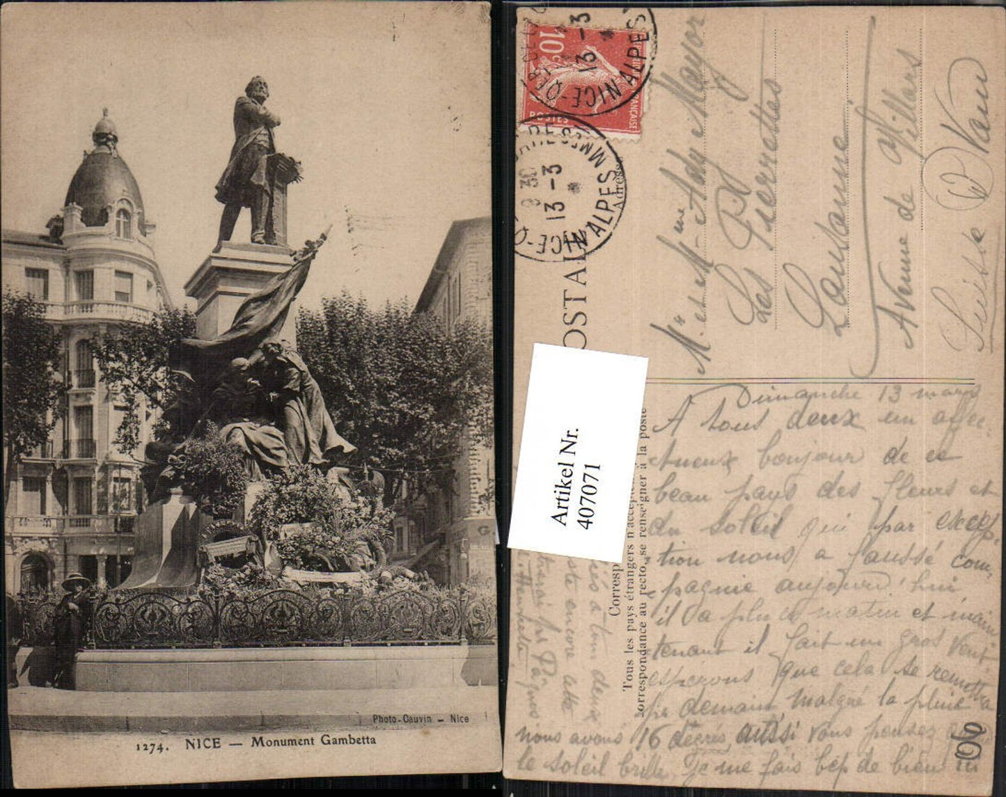 407071,Provence-Alpes-Cote-Azur Alpes-Maritimes Nice Nice Monument Gambetta Statue