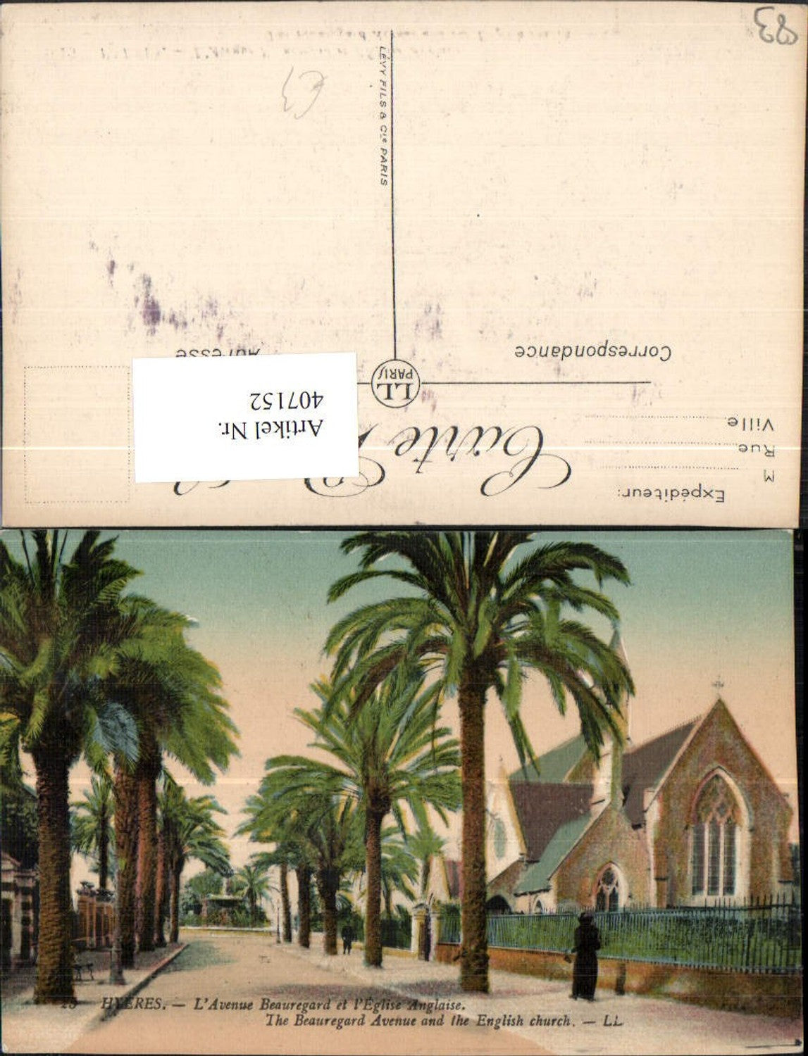 407152,Provence-Alpes-Cote-Azur Var Hyeres Avenue Beauregard et Eglise Kirche Palmen